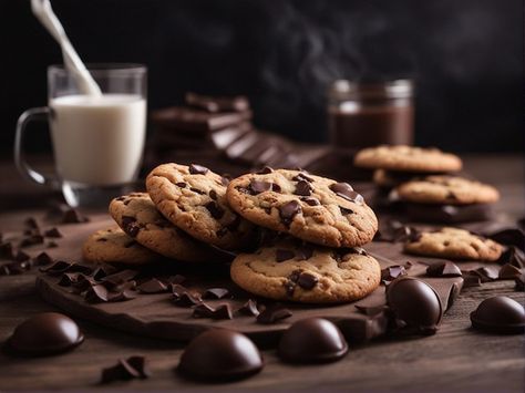 Photo chocolate cookies with glass of mi... | Premium Photo #Freepik #photo Cookies Pictures, Most Popular Cookies, Premium Cookies, Plate Of Cookies, Horizontal Composition, Cookie Pictures, Popular Cookies, Photo Wall Gallery, Storing Cookies