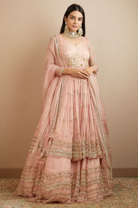 Blush Pink Organza Silk Lehenga Set Design by Astha Narang at Pernia's Pop Up Shop 2022 Anarkali With Lehenga, Pakistani Bridesmaid Dresses, Organza Silk Lehenga, Organza Anarkali, Pakistani Bridesmaids, Astha Narang, Pink Anarkali Suits, Blush Pink Fabric, Bridal Anarkali Suits