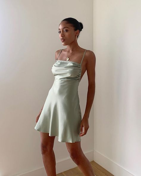 Remonia on Instagram: “Silky sage by @weworewhat for @daniellebernstein x @macys” Sage Green Dress Formal, Green Satin Mini Dress, White Cotton Summer Dress, Black Flapper Dress, Sparkle Mini Dress, Recruitment Outfits, Black Sequin Mini Dress, Sage Green Dress, Macy Dresses