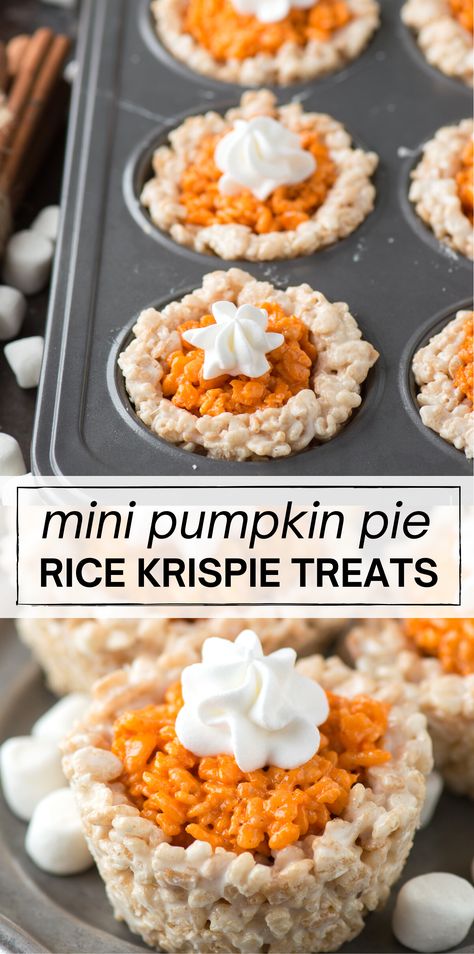 Mini pumpkin pie rice krispie treats are the perfect no bake pumpkin dessert for fall and thanksgiving! Kids and adults both love these rice krispie pumpkin treats! #pumpkinricekrispietreats #ricekrispietreats Rice Krispy Treats Thanksgiving, Rice Krispie Treat Halloween Ideas, November Food Activities For Kids, Rice Crispy Thanksgiving Treats, Rice Krispies Thanksgiving Treats, Pumpkin Pie Rice Crispy Treats, Thanksgiving Kids Treats Easy, Thanksgiving Rice Crispy Treat Ideas, Thanksgiving Toddler Dessert