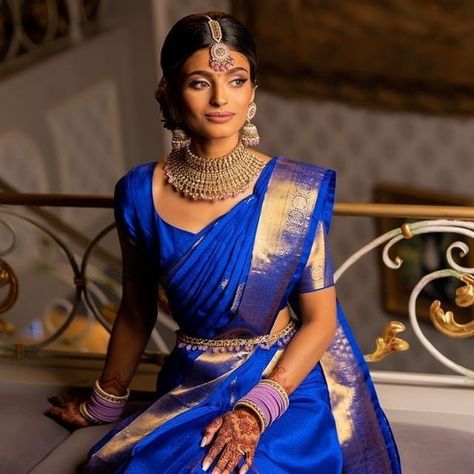 Royal Blue Bridal Saree, Royal Blue Wedding Saree Bridal, Tamil Bride Saree, Royal Blue Pattu Saree Wedding, Blue South Indian Saree, Blue Saree Bride, Royal Blue Wedding Saree, Royal Blue Pattu Saree, Royal Blue Saree Look