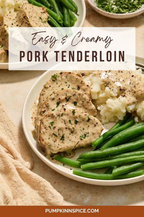 This Creamy Pork Tenderloin is tender, flavorful, and ready in less than an hour. With savory seasonings and a simple cream sauce, this easy pork recipe is a must-make for dinner! Pork With Cream Sauce, Pork Tenderloin Cream Sauce, Creamy Pork Tenderloin Recipes, Pork Tenderloin Sauce, Creamy Pork Tenderloin, Easy Pork Recipe, Pork Chop Casserole Recipes, Tenderloin Pork, Tenderloin Sandwich