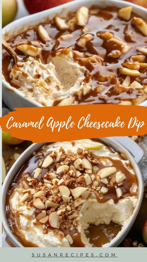 Caramel Apple Cheesecake Dip—the fall dessert you’ve been dreaming of! Creamy, caramel, and apple-packed perfection. 🍏🍮 #AutumnDesserts #CaramelAppleDelight #CheesecakeDip #FallFavorites #SweetIndulgence #AutumnTreats #AppleLovers #CaramelHeaven #CheesecakeCravings #SweetSatisfaction 🍏🍮 Carmel Ideas Dessert Recipes, Caramel Apple Crunch, Carmel Desserts Recipes, Apple Pie Cheesecake Dip, Caramel Apple Bake, Caramel Cheesecake Apple Dip, Cheesecake Caramel Apple Dip, Ambrosia Apple Recipes, Carmel Apple Trifles