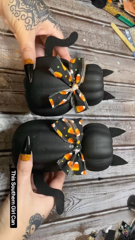 Black cat pumpkins! #halloweennails #halloweendecor #halloweendiy #halloweencrafts #wreathmaking #wreathmaker #dollartreehalloween… | Instagram Diy Black Cat Decorations, Halloween Cat Wreath Diy, Diy Halloween Cat Decorations, Hoween Decorations Diy, Black Cat Diy Decor, Black Cat Halloween Decorations Diy, Halloween Diy Crafts For Adults, Halloween Craft Dollar Tree, Halloween Cat Wreath