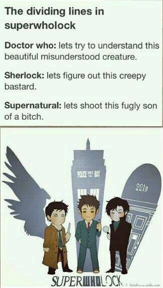 Film Memes, The Maxx, Fandoms Unite, Fandom Crossover, Timey Wimey Stuff, Supernatural Fandom, Johnlock, Sherlock Bbc, Destiel