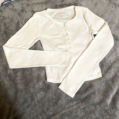 Shrunken tee long sleeve button down Henley (Aero) Long Sleeve Button Up, Forest Outfits, Teen Outfits, Cream Shirt, Button Up Long Sleeve, Henley Top, Outfits For Teens, Full Sleeve, Stretchy Material