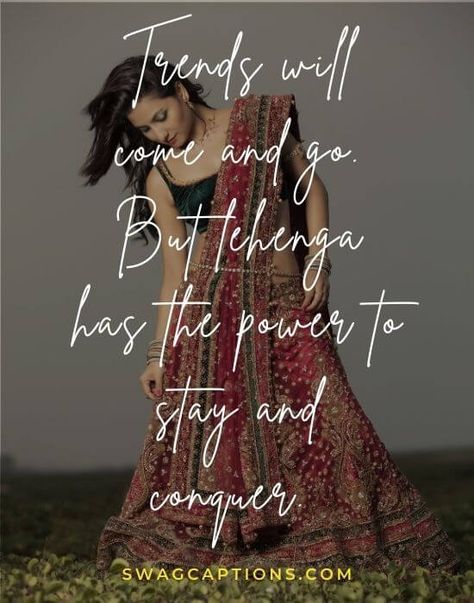 Quotes For Traditional Outfit, Lehenga Quotes For Instagram, Lehenga Quotes, Lehenga Captions For Instagram, Instagram Captions For Pictures, Traditional Lehenga, Non Traditional Wedding Ring, Caption For Girls, White Lehenga