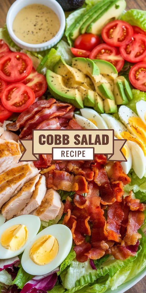 This classic Cobb Salad recipe is a vibrant mix of crisp greens, juicy chicken, crispy bacon, hard-boiled eggs, creamy avocado, and tangy blue cheese—topped with a flavorful dressing! California Cobb Salad, Cob Salad Recipe, Cobb Salad Recipes, Chicken Bacon Avocado Salad, Chicken Cobb Salad Recipe, Classic Cobb Salad Recipe, Chopped Cobb Salad, Cobb Salad Dressing, Classic Cobb Salad