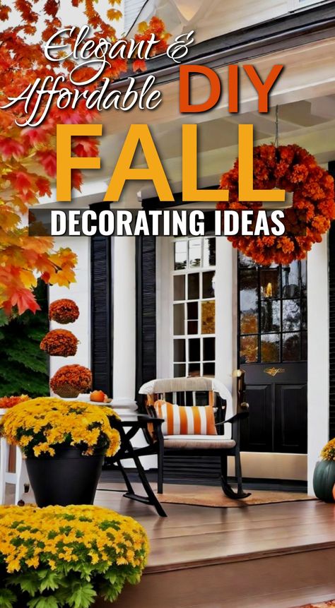 DIY Fall Decor Ideas For The Home - elegant front porch fall decor ideas and farmhouse fall decor on a budget Fall Front House Decor, Fall Decor For Doorways, Fall Porch Decor On A Budget, Fall Porch Ideas 2024, Fall Decor Ideas For The Home Porch, Fall Decor Ideas For The Home Outdoor, Porch Decorating For Fall, Cheap Fall Porch Decor Ideas, Fall Outdoor Decor Front Porch