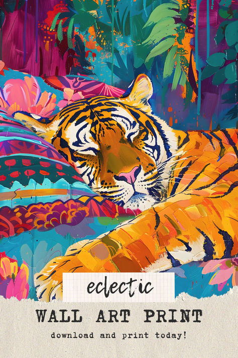 Elevate your space with our vibrant Maximalist Eclectic Tiger digital wall art print! Perfect for adding a splash of the bright color aesthetic to any room, this downloadable dopamine wall art piece bring a fresh and lively touch to your decor. Download and Print today! Bright Color Aesthetic, Vibrant Maximalist, Cat Design Art, Maximalist Eclectic, Tiger Wall Art, Flower Drawing Tutorials, Animal Illustration Art, Color Aesthetic, Tiger Art