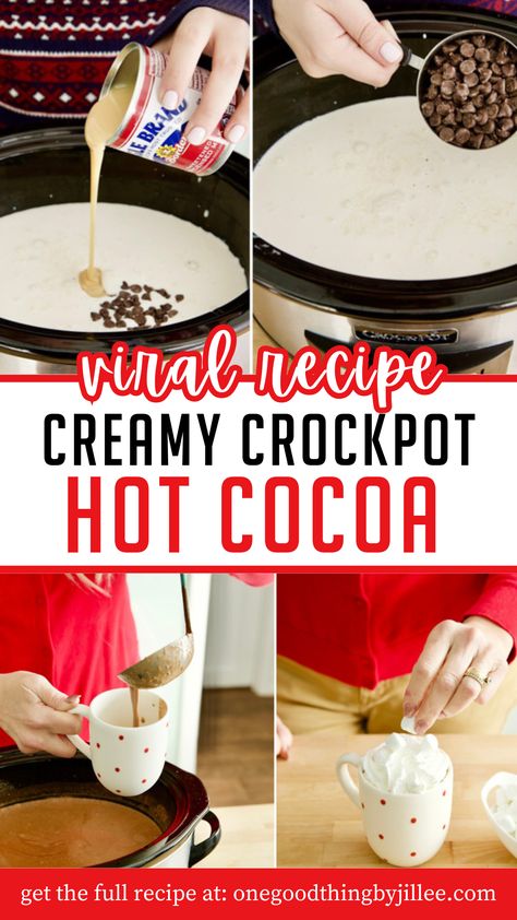 making of crockpot hot chocolate Christmas Crockpot Hot Chocolate, Chocolate Milk Hot Chocolate Crock Pot, Hot Cocoa Recipe Crock Pot Easy, Slow Cooker Hot Cocoa Recipe, Recipe For Hot Cocoa, Crock Pot Hot Chocolate Bar, Hot Cocoa In Crockpot Easy, Hot Cocoa With Sweetened Condensed Milk, Dairy Free Hot Cocoa Recipe