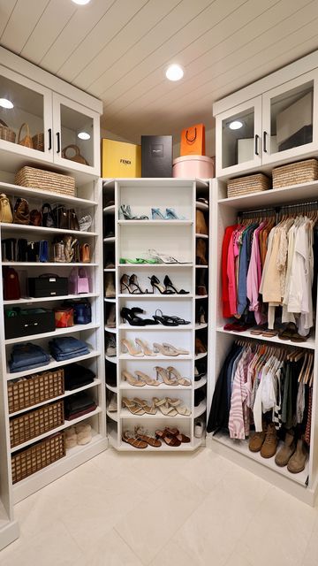 The Container Store on Instagram Closet With Vanity Built In Corner, Container Store Closet Ideas, Preston Closet Container Store, Clothes Collection Closet, Bedroom To Walk In Closet, Women Closet Ideas, Closet With Vanity Built In, Designer Closets, 360 Organizer