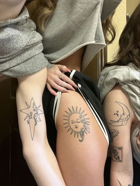 2inches Tattoo, 2 Souls Tattoo, Matching Triplet Tattoos, Sun And Moon Fairy Tattoo, Star Sun Moon Matching Tattoos, Sun Moon Stars Tattoo Ideas, Mother Daughter Moon Tattoos, Sun An Moon Tattoo, Sun Moon Star Tattoo Friends