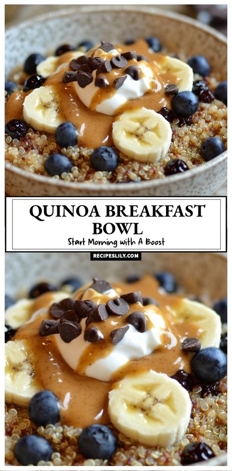 Start your morning with a boost! This delicious quinoa breakfast bowl is topped with creamy peanut butter, fresh bananas, blueberries, and a sprinkle of chocolate chips. It's a nutritious and satisfying way to fuel your day! High Protein Quinoa Breakfast, Breakfast With Quinoa, Breakfast Nourish Bowl, Quinoa Porridge Breakfast, Quinoa Recipes Sweet, Quinoa Protein Bowl, Breakfast Quinoa Recipes, Quinoa Recipes Healthy Easy, Breakfast Quinoa Bowl