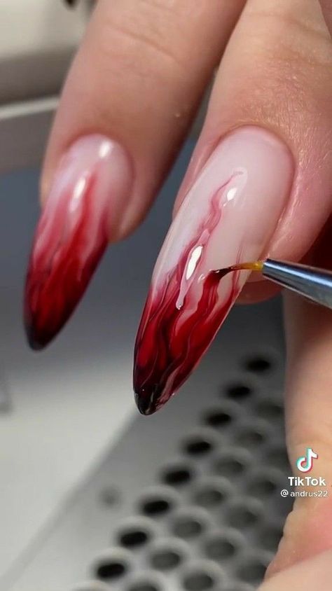 Ombre Fire Nails, Gel X Nails Halloween, Ombre Nails Black And Red, Blood Ombre Nails, Don Toliver Nails, Red Faded Nails, Blood Red Acrylic Nails, Red And Black Nails Halloween, Blood Red Nails Acrylic