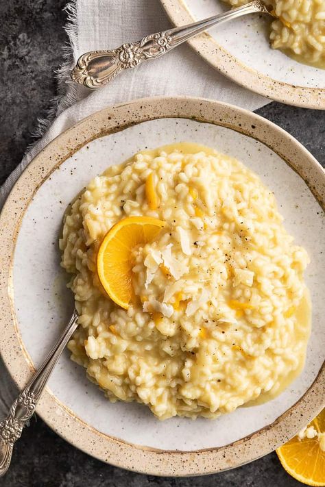 Risotto with Orange Juice Citrus Risotto, Orange Rice Recipe, Orange Dinner, Party Monster, Risotto Rice, Meatless Main Dishes, Orange Sauce, Butter Recipes, Feel Good Food