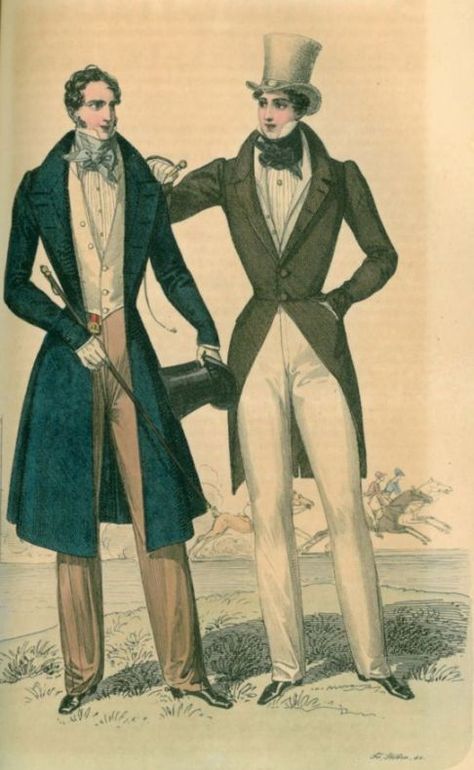 Beau Brummell and friend - sporting waistcoats with long tails, tall hats, and luxurious neckties 1845 Retrieved from Parisian Gentleman Historical Fashion Mens, Industrial Revolution Fashion, Mens Victorian Fashion, Beau Brummell, Dandy Style, High Fashion Men, Dorian Gray, Century Clothing, Retro Mode