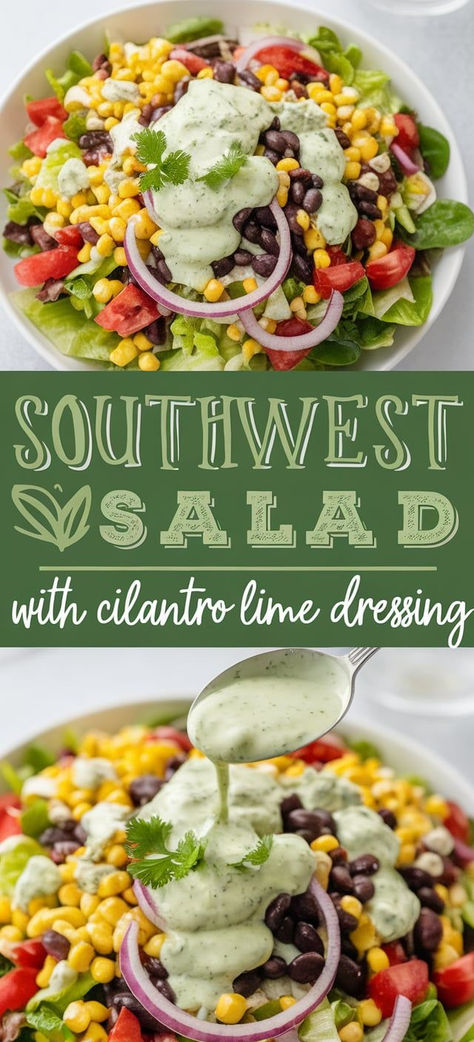 This Southwest Salad with Cilantro Lime Dressing is a burst of bold flavors! Fresh greens, crunchy veggies, black beans, and a tangy, creamy dressing make it perfect for a healthy lunch or dinner. Best Mexican Salad Recipes, Healthy Southwest Salad, Southwest Salad Recipes, Southwest Salads, Spicy Southwest Salad, Lime Salad Recipes, Healthy Mexican Salad, Mexican Salad Dressings, Salad With Cilantro Lime Dressing