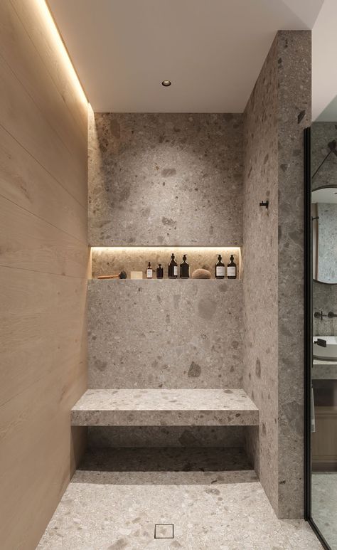 Stone Ensuite Bathroom, Stone Style Bathroom, Bathroom Design Natural Stone, Bathroom Inspiration Aesthetic, All Stone Bathroom, Stone Wood Bathroom, Natural Stone Bathroom Tiles, Bathroom Ideas Travertine, Shower Box Ideas