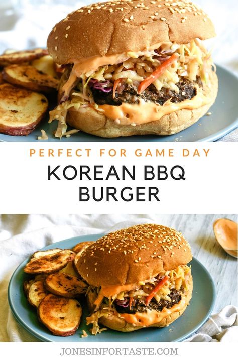 This incredible easy Korean BBQ Burger is packed full of flavor with a grilled burger topped with Korean style coleslaw for an easy Asian inspired dinner. #jonesinfortaste #burgers #easydinner Asian Style Burgers, Japanese Burger Recipe, Korean Burger Recipe, Gochujang Burger, Korean Burgers, Asian Sandwiches, Asian Burger Recipe, Boss Burger, Asian Burger