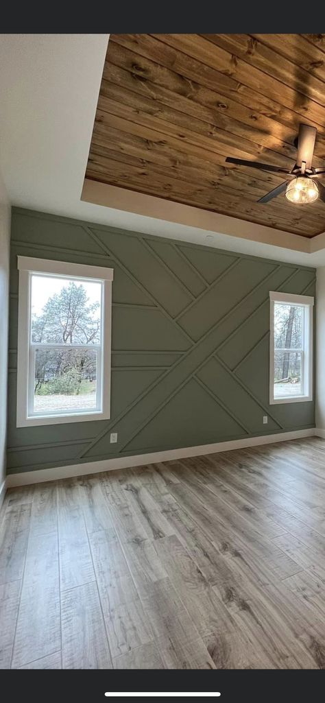 Grey Walls With Stained Wood Trim, Master Accent Wall Ideas With Windows, Master Bed Accent Wall With Windows, Bonus Room Accent Wall Ideas, Focal Wall With Window, Olive Shiplap Wall, Bedroom Window Accent Wall, Accent Wall Bedroom With Two Windows, Master Accent Wall With Windows