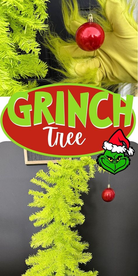 diy grinch tree against black wall Grinch Green Christmas Tree, Dollar Tree Grinch Tree, How To Make A Grinch Christmas Tree, Diy Grinch Tree How To Make, Grinch Trees Ideas Diy, Grinch Table Decor, Grinch Tree Ideas, Grinch Inspired Christmas Tree, Easy Grinch Crafts