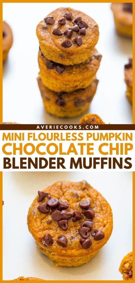 Have these mini blender muffins for a morning breakfast! This pumpkin recipe is easy and ready in just 20 minutes. Not only are these flourless pumpkin muffins soft and moist, but they are loaded with flavor and chocolate chips in every bite. Perfect for fall baking! Blender Muffins Healthy, Flourless Pumpkin Muffins, Mini Pumpkin Muffins, Pumpkin Muffins Easy, Blender Muffins, Tin Recipes, Pumpkin Recipes Easy, Fall Baking Recipes, Thanksgiving Desserts Easy