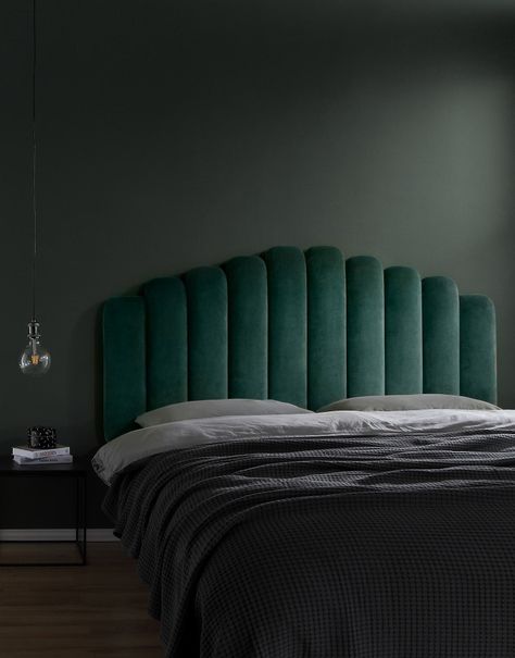 Green Bedroom Headboard, Headboard Velvet, Velvet Headboard Bedroom, Dark Green Headboard, Emerald Green Master Bed, Green Velvet Headboard Bed, Green Velvet Headboard, Emerald Headboard, Soft Headboard