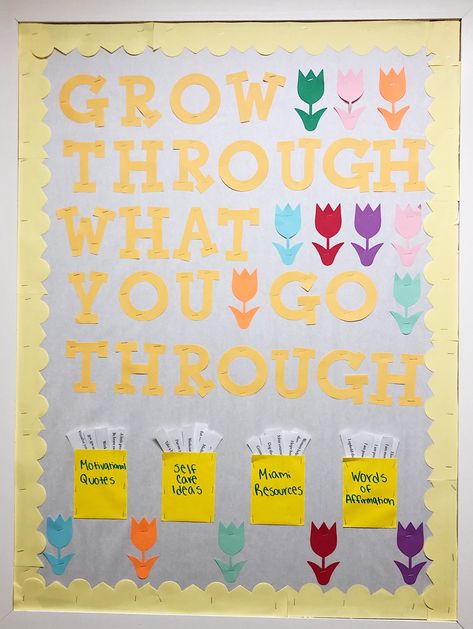 RA bulletin board   Grow through what you go through College Counselor Office Decorating Ideas, Nursing Student Bulletin Board Ideas, Health Education Bulletin Boards, Together We Grow Bulletin Board, Wellness Ra Bulletin Boards, Elementary Health Bulletin Boards, Grow Through What You Go Through Bulletin Board, Dei Bulletin Boards, Spring Mental Health Bulletin Board