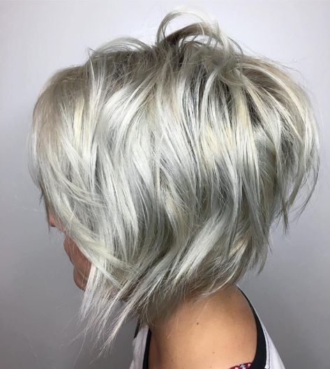 Inverted Layered Silver Shaggy Bob Shaggy Layered Bobs, Aline Bob, Short Textured Hair, Short Choppy Haircuts, Choppy Haircuts, Short Shag Haircuts, Layered Bob Short, Shaggy Bob, Short Shag Hairstyles