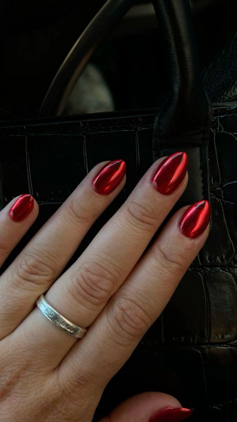 Red Chrome Nails With Design, Chrome Red Almond Nails, Maroon Nails With Chrome, Red Chrome Nails Short, Short Red Chrome Nails, Dark Red Nails With Chrome, Round Red Nails, Red Chrome Nails Almond, Red Nails With Chrome