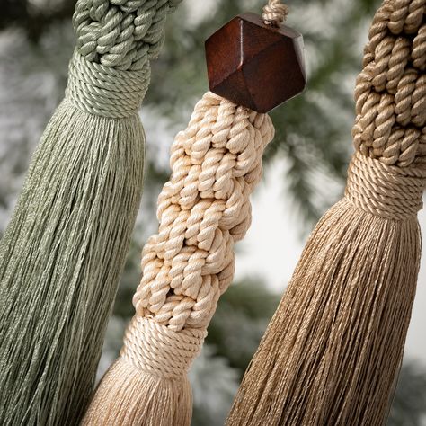 Add something unique to your holiday season with these braided tassel ornaments. Braided with wooden bead accents, they are the perfect small gift to give this Christmas season or just the right final touch to your holiday decor. Tassel Ornaments, Hat Ornaments, White Christmas Snowflakes, Birdhouse Ornaments, Tassel Ornament, Gold Christmas Ornaments, White Christmas Ornaments, Quick Crochet Patterns, Christmas Tree Set