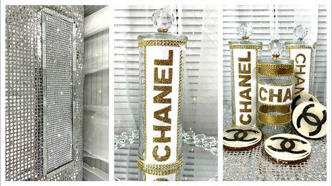 In this DIY I'll show you how to create Dollar Tree Glam Tray and Dollar Tree Chanel Canister seen in my previous video. You will also notice a 3rd Chanel design that will be upload on my second channel.  I have more DIY's coming up early next week so please stay tuned. Diy Chanel Decor, Mirror Tray Diy, Diy Chanel Decor Dollar Stores, Diy Coasters Tile, Chanel Perfume Bottle, Glam Mirror, Chanel Decor, Diy Tray, Chanel Design