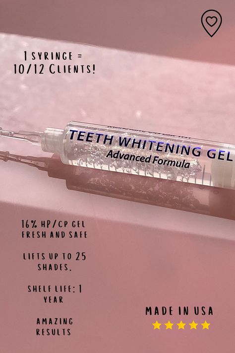 TEETH WHITENING GEL 16%HP Hybrid Hydrogen & Carbamide Peroxide Teeth Whitening Gel. 
10ML SYRINGE (Large)
Made for Teeth Whitening Technicians & Dental Associates.
Good for 10 - 12 Clients
Made in USA 
Health Canada Approved 
FDA approved 
Continues whitening your clients teeth for 24 hours after your whitening session!*
Lifts 3-25 Shades!
Shipped from Canada.

This teeth whitener is great for professionals offering teeth whitening services! Teeth Whitening Aesthetic, Esthetician Facts, Teeth Whitening Business, Fish Spa, Peroxide Teeth Whitening, Skin Studio, Dental Aesthetics, Teeth Whitener, Dental Fun