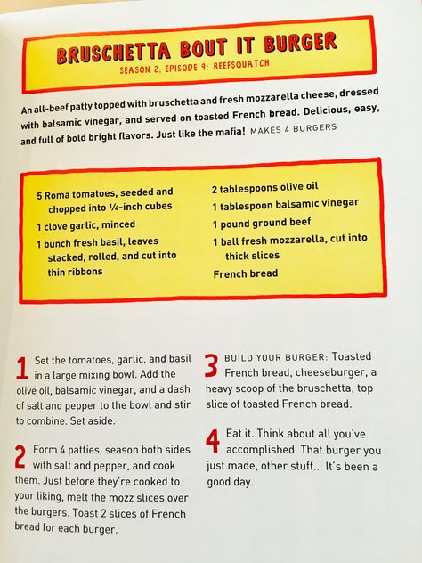 Bobs Burgers Bruschetta Bout It Burger Bobs Burgers Cookbook, Bob's Burgers Recipes, Bobs Burgers Burger Recipes, Bobs Burger Recipes, Bobs Burgers Recipes, Movie Recipes, Bob Burgers, Burgers Recipes, Pizza Sandwich Recipe