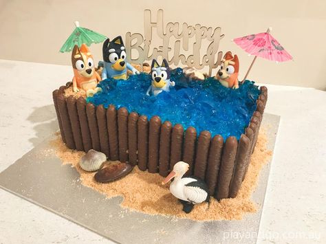 Bluey Pool Cake, Pool Birthday Cakes, Beach Birthday Cake, Cake Unicorn, Pool Cake, Bluey Party, Train Cake, 4th Birthday Cakes, Store Bought Cake