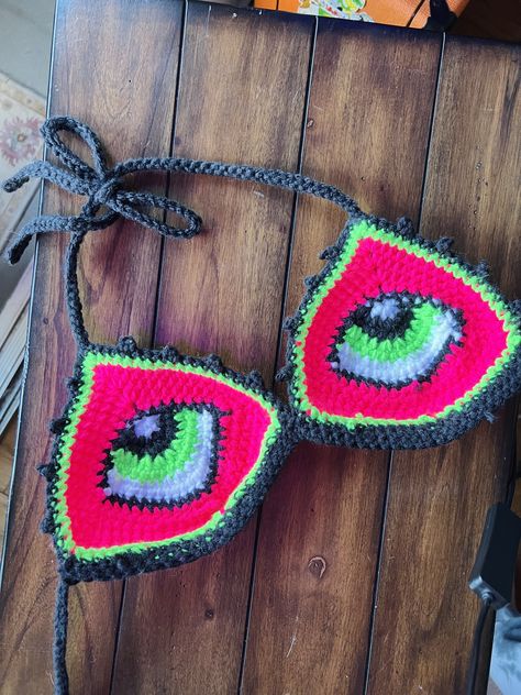 Trippy ermac droopy eyes top handmade by me! Perfect for festivals & summer in general. Trippy Crochet, Evil Eye Top, Eyes Crochet, Droopy Eyes, Raver Girl, Rave Outfit, Rave Outfits, Summer Festival, Acrylic Yarn