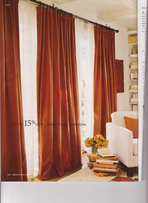 nice rust velvet curtains with white sheers Brown Kitchen Curtains, Pottery Barn Curtains, Orange Curtains, Curtains Ideas, Velvet Drapes, Ikea Curtains, Living Room Curtains, Pink Curtains, Farmhouse Curtains