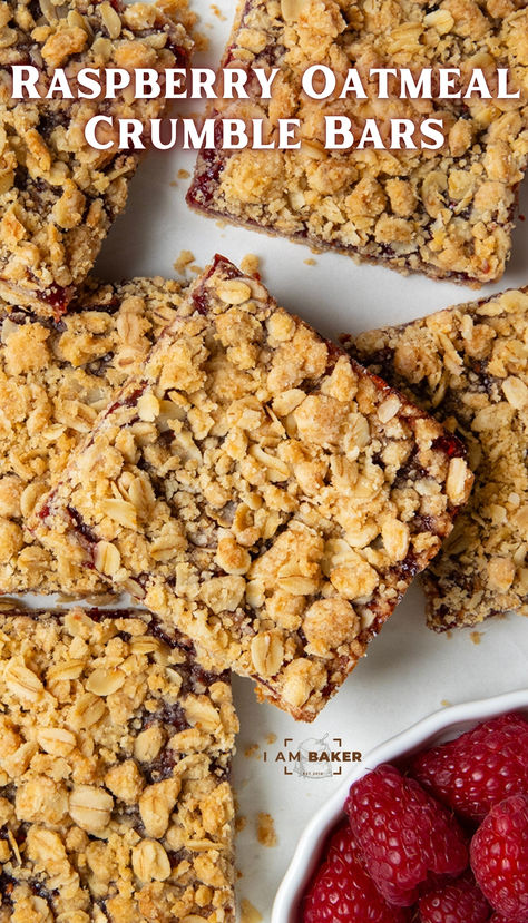 Raspberry Oatmeal Crumble Bars have a buttery, oat crumble base covered with a layer of raspberry jam, and more oat crumble on top, baked to golden brown. It is a simple-to-make bar that can be enjoyed for breakfast, snack time, or dessert! Oatmeal Crumble Bars, Raspberry Oatmeal Bars, Oat Slice, Easy Impressive Dessert, Oatmeal Crumble, Raspberry Oatmeal, Bakery Goods, Raspberry Crumble, Lemon Cheesecake Bars