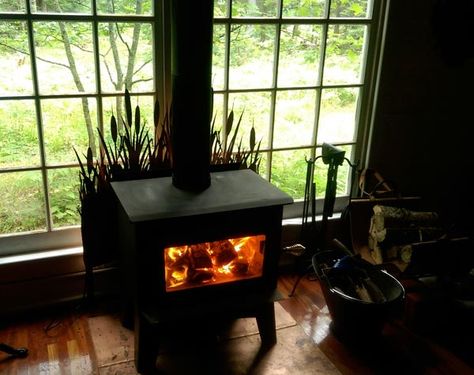 Wood Stove - Safe next to wall of windows? - Small Cabin Forum (1) Stove In Front Of Window, Building A House Ideas, Soapstone Stove, Stove Wall, Hearth Ideas, Wood Stove Wall, Small Wood Stove, Wood Fireplaces, Wall Of Windows