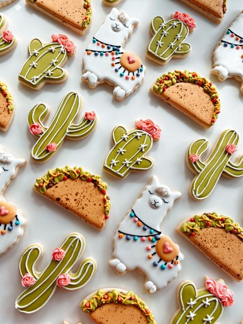 Taco Cookies Royal Icing, Cute Cookies Decorated, Decorated Biscuits Ideas, Cool Cookie Decorating, Taco Decorated Cookies, Lama Cookies, Fun Cookie Designs, Alpaca Cookies Decorated, Cookie Decorations Ideas