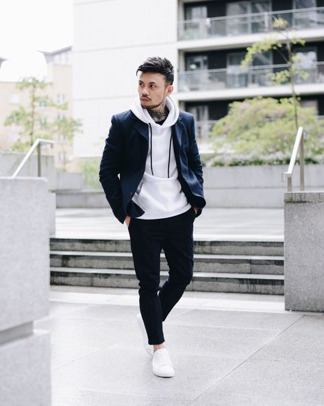 Hoodie Under Blazer Outfit Men, White High Neck Outfit Men, Blazer Hoodie Outfit Men, Blazer And Hoodie Outfit Men, Hoodie With Blazer Outfit Men, Blazer With Hoodie Men, Nike Blazers Men Outfit, Hoodie With Blazer Outfit, Men Black Suit Outfit