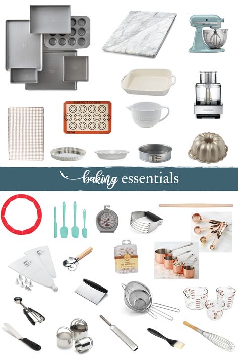 Essential Baking Tools Every Baker Needs – whether you're a die-hard baker or a weekend warrior, here are some necessary kitchen tools you should have on hand to save you time and sanity with your baked goods. These top-quality baking tools will have you baking like a pro in no time! Baking Equipment Kitchen Tools, Cake Equipment Baking Tools, Essential Baking Tools, Baking Essentials Tools, Baking Equipment Kitchen Tools Rolling Pins, Marble Pastry Board, Pie Crust Shield, Kitchen Essentials List, Pastry Board