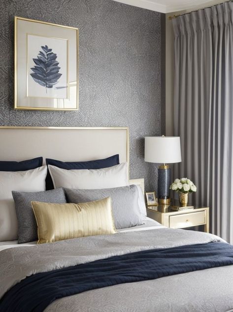 Grey Paint Wall, Grey And Navy Bedroom, Bedroom Feature Wall, Navy Bedroom, Navy Bedrooms, Gray Painted Walls, Feature Wall Bedroom, Patterned Wallpaper, Textured Paint