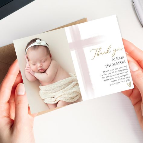 Thank you card Christening Girl, Baptism Invitation, Pink Watercolor, Gold Christening Invite, Printable Christening, digital girl thank you Invitation For Christening, Baptism Ideas, Girl Baptism, Place Card Template, Baptism Invitation, Invitation Pink, Baptism Girl, Baptism Invitations, Pink Invitations