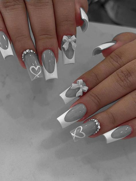 Gray Birthday Nails, Gray And Pink Nails Ideas, Grey Acrylics, Grey And Pink Nails, White Nail Ideas, Bow Nail Designs, Engagement Nails, Bow Nails, Grey Nails