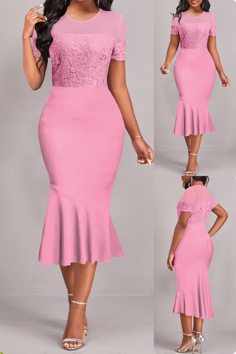 This round neck lace pink short sleeve bodycon dress is a stylish and elegant addition to your wardrobe. The dress features a round neckline, a lace design, a patchwork design, and a bodycon fit. It is made of a soft and stretchy fabric that is perfect for summer. #lacedress #pinkdress #bodcondress #shortsleeveddress #roundneckdress #patchworkdress #mermaiddress #casualdress #workdress #elegantdress #everydaydress #weartoworkdress #eveningdress #fashion #ootd #style Party Dress Classy, Women Fashion Dress, Wear To Work Dress, Fashion Dresses Online, Dress Classy, Short Sleeve Bodycon Dress, Round Neck Dresses, Sleeve Bodycon Dress, African Dresses