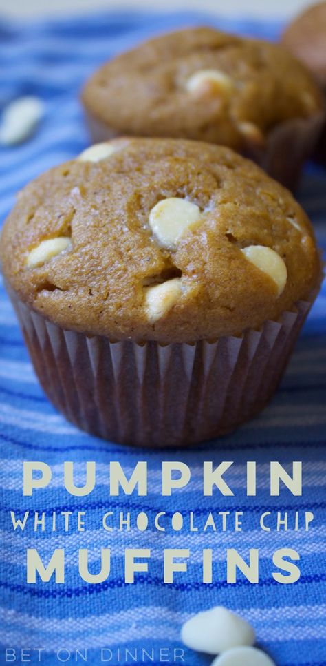 White Chocolate Chip Muffins, Pumpkin White Chocolate, Chocolate Pumpkin Muffins, White Chocolate Muffins, Fall Recipes Pumpkin, Pumpkin Chocolate Chip Muffins, White Chocolate Chip, Spiced Pumpkin, Baked Chips