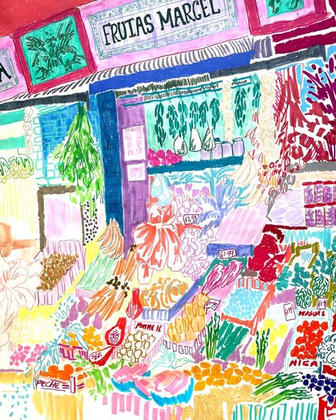 Color pen illustration of fruit market in Seville, Spain. Pen art drawing uses marker pens, posca pens, coloring pencils and oil pastels. Illustration Markers Art, Aesthetic Colored Pencils, Coloured Pen Art, Pastel Marker Art, Marker And Pen Art, Colorful Pen Art, Marker And Colored Pencil Art, Colour Pen Art, Acrylic Pen Art Ideas