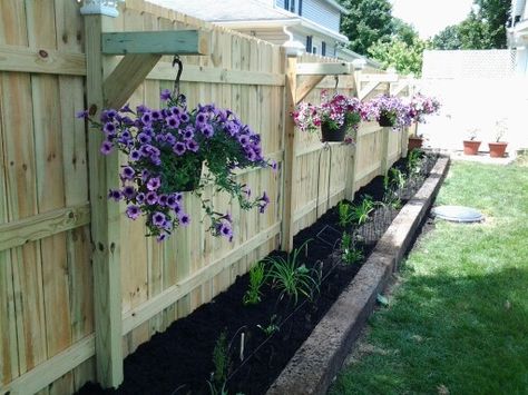 Corner Fence Garden Ideas, Landscaping Ideas Fenceline, Privacy Fence Garden Planters, Landscaping Fence Corner, Backyard Side Entrance Ideas, Fence Gardening Ideas, Along The Fence Garden, Fence Top Planters, Wood Fence Planter Ideas